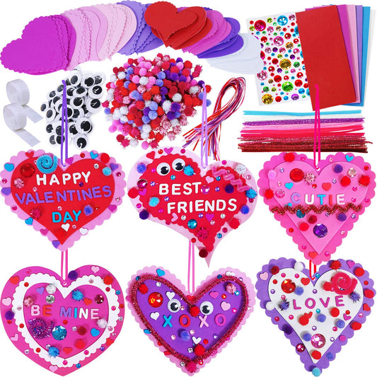 Winlyn 24 Sets Valentine's Day Heart Ornaments Decorations DIY Foam Craft Kits Assorted Shapes Stickers Pom-poms Googly Eyes for Kids Classroom Art Activity Gift Exchange