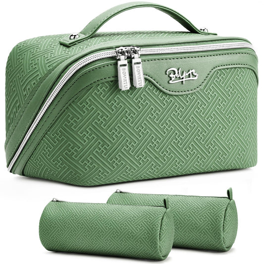BOYATU Travel Makeup Bags for Women: Vintage Roman Column Texture Large Capacity Cosmetic Bag - Each Journey, Quiet Luxury Serenity - 3 Pcs Set Organizer Toiletry Purse 50% Extra Storage(Green)