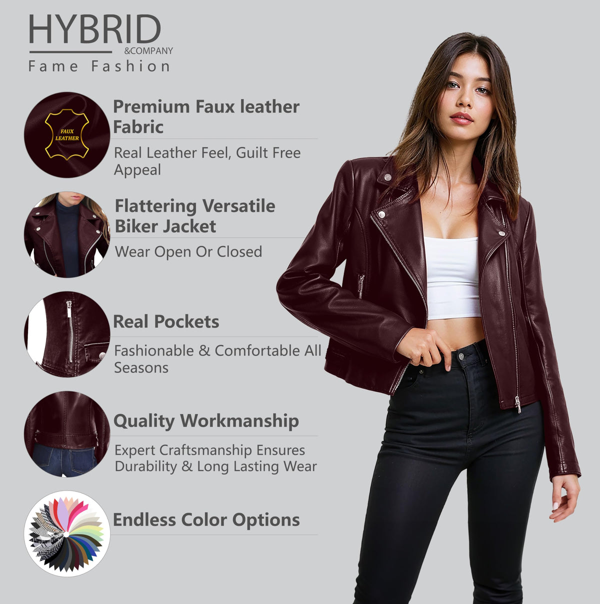 Olivia Miller Women's Faux Leather Moto Biker Jacket Long Sleeve Zip Jacket JK5208 BURGUNDY S