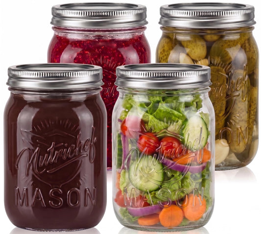 NutriChef 4-Pack 16 oz Mason Jars with Lids - Thick Glass Canning Jars with Stainless Steel Lids - Ideal for DIY Spices, Meal Prep, Overnight Oats, Jelly, Jam, Honey, Candles, Crafts, & More