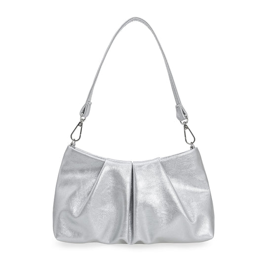 IXEBELLA Pleated PU Clutch Evening Purse for Women Dressy Formal Faux Leather Shoulder Handbag (Silver)