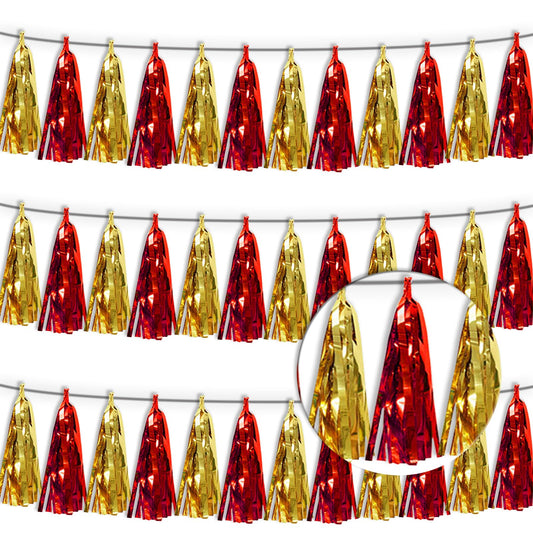 3P Red Gold Metallic Fringe Banner Garland Foil Tinsel Streamer Wall Hanging Curtain Backdrop Banners for Parade Floats Graduation Halloween, Christmas, Baby Bridal Shower Party Decorations