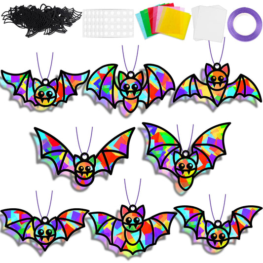 QOUBAI 32 Sets Halloween Bats Suncatchers Craft Kit DIY Window Stained Glass Effect Halloween Bats Paper Crafts Home School Classroom Decoration Kid Birthday Gift Creative Art Project Activity Game