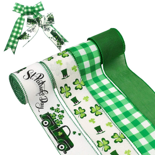 Tlswshsy 4 Rolls Shamrock Wired Edge Ribbon - 2.5''×24 Yard St Patrick's Day Green Wired Ribbon, Burlap Plaid Shamrock Fabric Craft Irish Ribbons for Gift Wrapping, Wedding Birthday Crafts Decorations