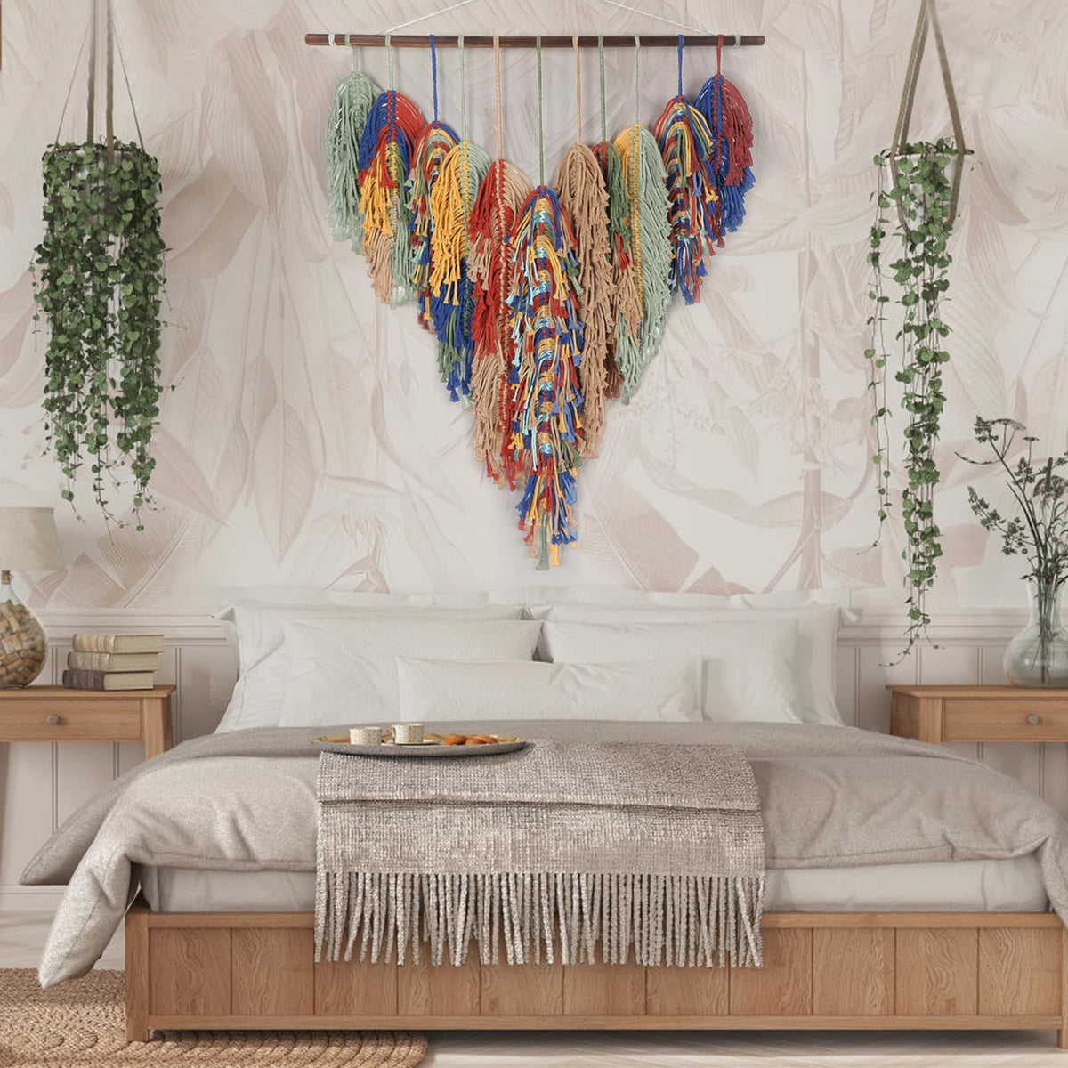 GYHPD Large Handmade Macrame Wall Hanging, Boho Wall Decor, Boho Woven Tassel Wall Art, Rustic Bohemian Home Decor for Living Room Bedroom, Aesthetic Housewarming Gift for Mom (Feather)