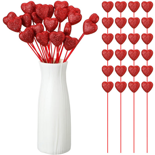 ZCYSRLQIN 24 Pcs Glitter Foam Hearts Sticks Foam Heart Picks Sparkly Hearts Stems Puffy Heart Wooden Picks for Wedding Decorations Flower Arrangements Crafts (Red)