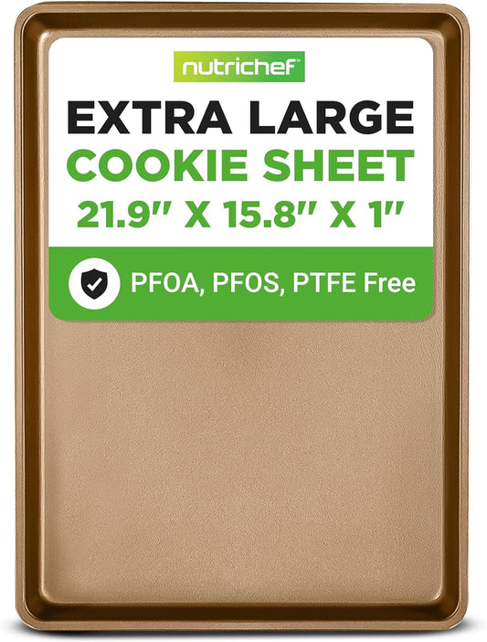 NutriChef Nonstick XL Cookie Sheet - Extra Large 22" x 16" Carbon Steel Baking Pan for Cookies & Pastries - Gold