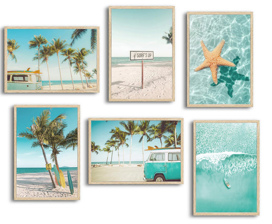 Beach Surfing Wall Art 6 Pcs, Coastal Ocean Palm Tree Vintage Van Starfish Teal Turquoise Poster Prints, Unframed Tropical Beach Wall Decor for Bathroom Bedroom Living Room
