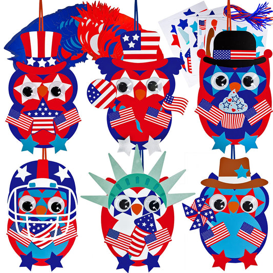 Winlyn 36 Sets 4th of July Craft Kits Patriotic Crafts DIY Owl Ornaments Decorations Art Sets Owl Shapes with Red White Blue USA Flag Patriotic Star Stickers for Kids Party Classroom Activities