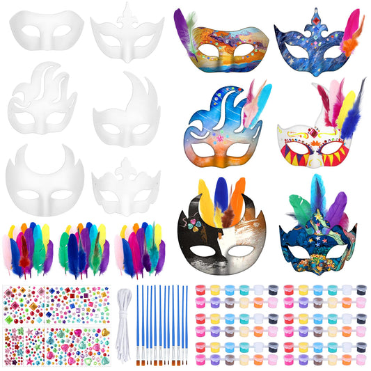 Elcoho 12 Pieces White Paper Masks DIY Kit with 100 Feathers Gemstone Paint Paper Mache Art Mask for Crafting Half Face Masquerade Mask for Party Decorations Adult Costume Party Favors