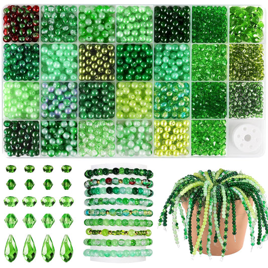 Funtopia 1600pcs Green Glass Beads for Bracelets, 6mm Crystal Beads for Jewelry Making Beaded Plants, Round Glass Beads with Faceted Bead Seed Beads for DIY Plant Making Crafts Earrings Necklace
