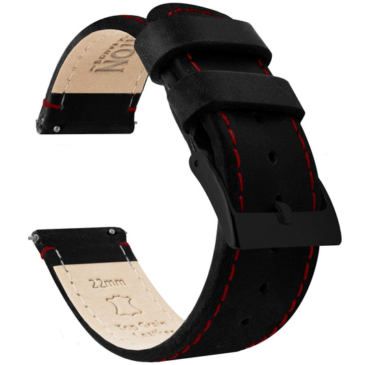 BARTON WATCH BANDS Quick Release Top Grain Leather Watch Band Strap, Black Leather/Red Stitching (Black Buckle), 20mm