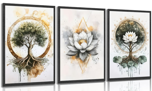3PCS Zen Meditation Lotus Wall Art Spiritual Bathroom Yoga Spa Posters Prints Artwork Tree of Life Paintings Pictures Wall Decor for Living Room Office Bedroom Home Decoration Unframed.