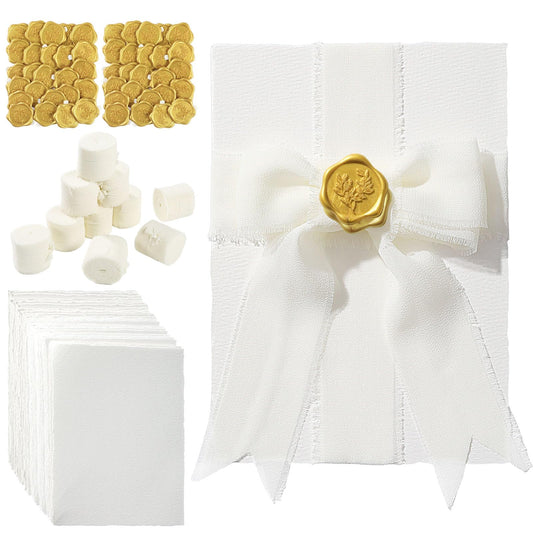 Prudiut 50 Sets Wedding Invitation Kit, 5x7 Handmade Paper, 300GSM Watercolor Paper, Self Adhesive Gold Wax Seal Stickers and 10 Rolls Chiffon Ribbon for Wedding Invitations Cards Craft DIY