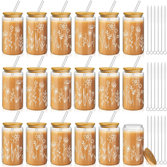 Mumufy 18 Pack Glass Cups Gift Aesthetic Cute Glass Cup Tumbler Flower Iced Coffee Mugs 16 oz with Bamboo Lid & Straw, for Wedding Birthday Bridesmaid Mom Baby Shower