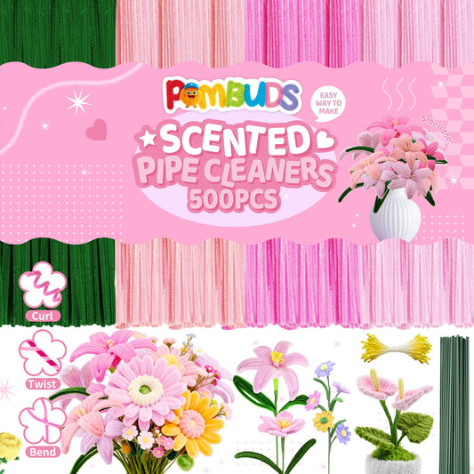 POMBUDS 500 Pipe Cleaner Flower Craft Kit – 400 Chenille Stems（4 Colors, 100 pcs of Each）, 20 Green Floral Stems, 2 Rolls Floral Tape, Stamens for DIY Pipe Cleaner Bouquets and Decorations, Pink