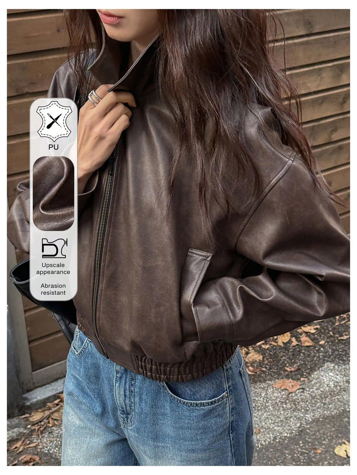 BEAUDRM Women's Y2K Faux Leather Jacket Zip Up Crop Bomber Jacket Going Out Motor Bike Motorcycle Coat Streetwear with Pocket Brown Small