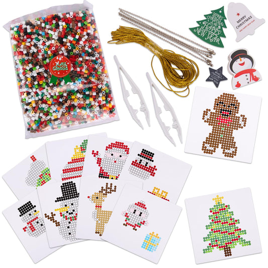 ArtCreativity Christmas Fuse Beads Kit – Fun Christmas Craft for Kids with 3000 Melty Beads, 10 Fuse Bead Patterns, Pegboard, Tweezers, Ironing Paper, Gift Tags & Gold Strings Holiday Set