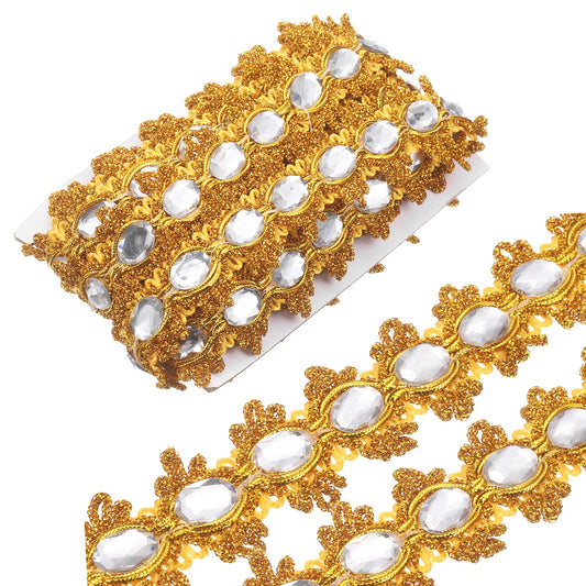 MECCANIXITY 5 Yards Braid Trim, 1.6 Inch Gemstone Beaded Lace Trim Wave Gem Braid Strip Paillette Ribbon for Crafts, Embellishments, DIY Sewing Costume, Gold+Silver