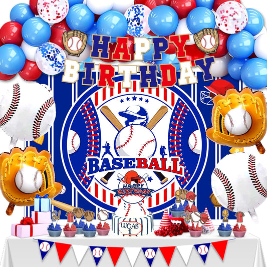 Baseball Birthday Party Decorations, 64 PCS Baseball Party Supplies Kit, Include Backdrop, Happy Birthday Banner, Balloons, Cupcake, Cake Toppers