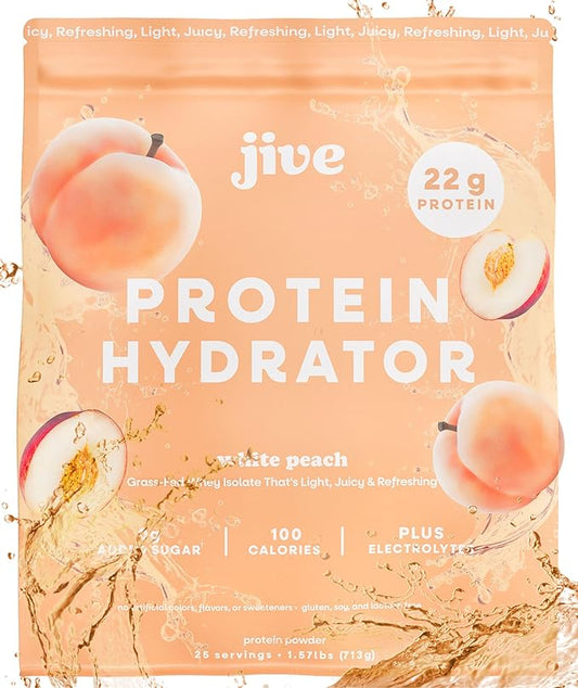 Jive Clear Protein Powder - 22g Grass-Fed Whey Isolate, 25 Servings - White Peach - 895mg of Electrolytes - Zero Added Sugar - Clear Drink Protein Water & Juice