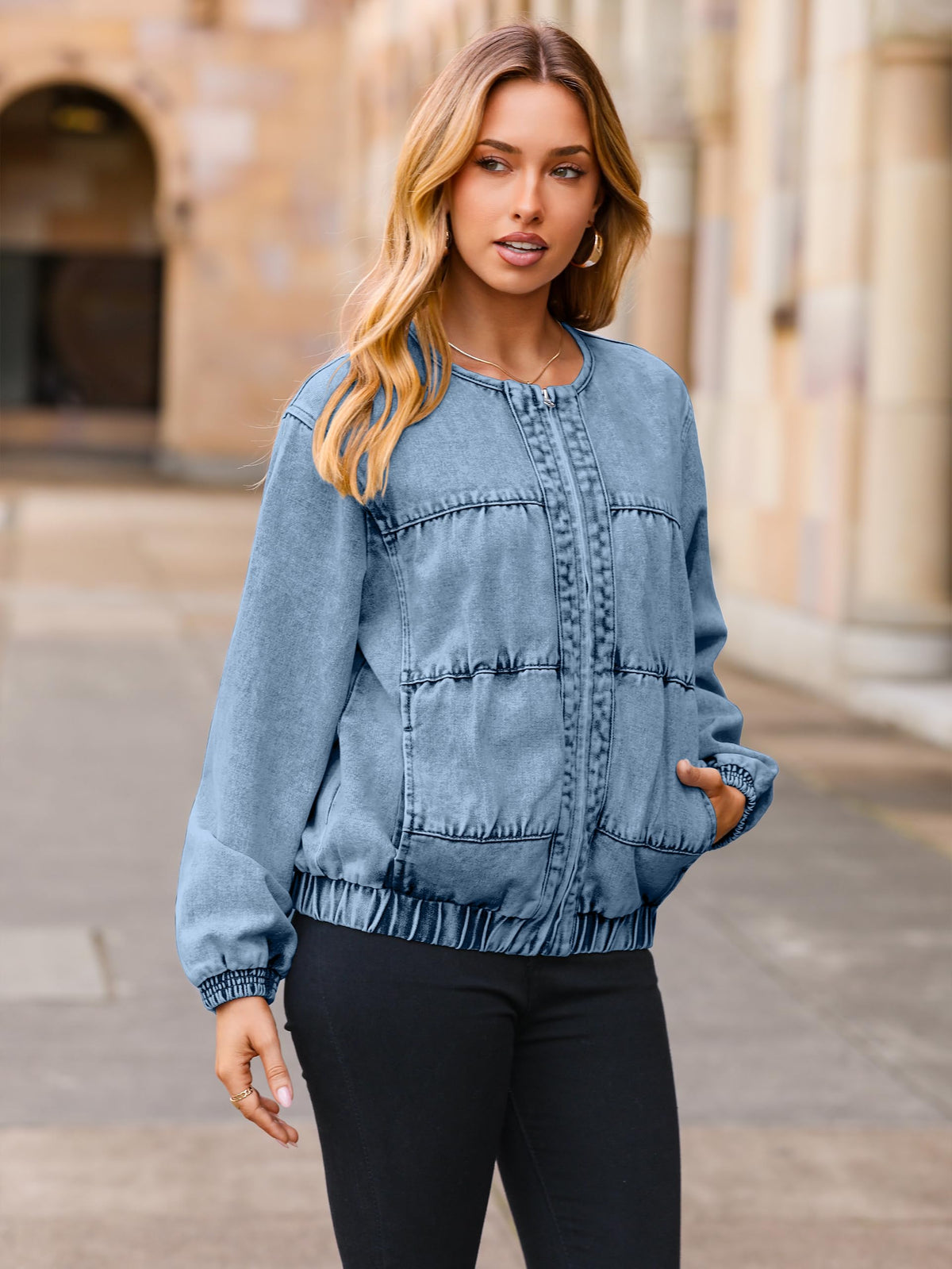 Glamaker Womens Denim Bomber Jacket Trendy Casual Zip Up Crew Neck Long Sleeve Loose Fit Jean Jacket Fall Outfits With Pockets (Denim Blue S)