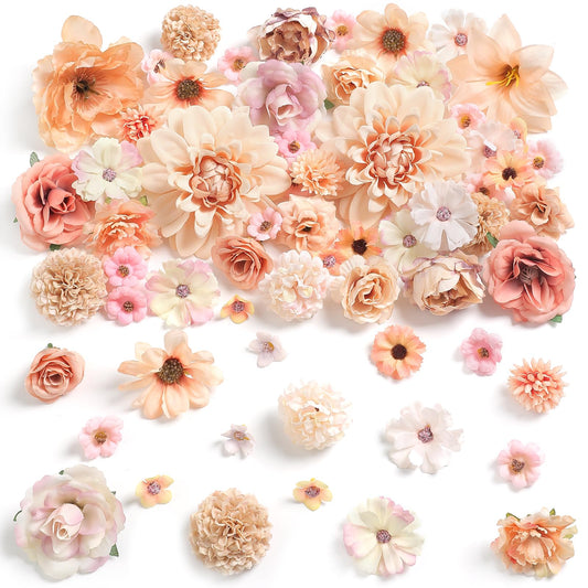 rongflower Fake Flower Heads Mini Artificial Flower Nude Color Faux Dahlia Rose Flowers for Crafts Cake Blossom Wreath Bouquets for Wedding Bridal Party Baby Shower Graduation Season Home Decor