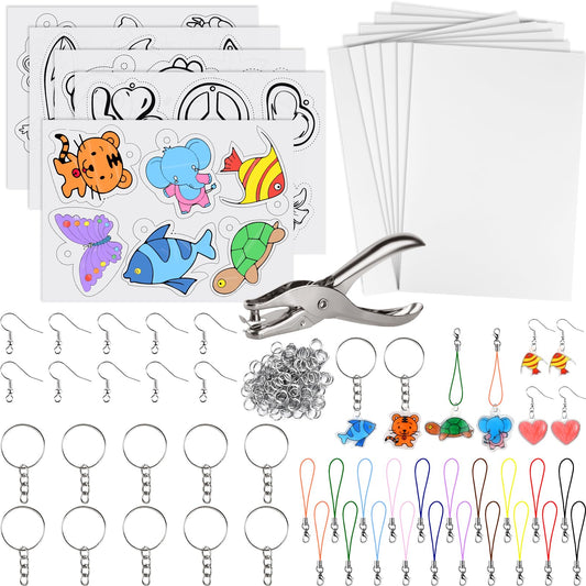 ASTARON 168Pcs Shrinking Plastic Sheets Kit Includes 15 Shrinking Film Art Paper, Hole Punch, 140 Pcs Shrinkles Keychain Jewelry Making Accessories for Kids Craft Supplies