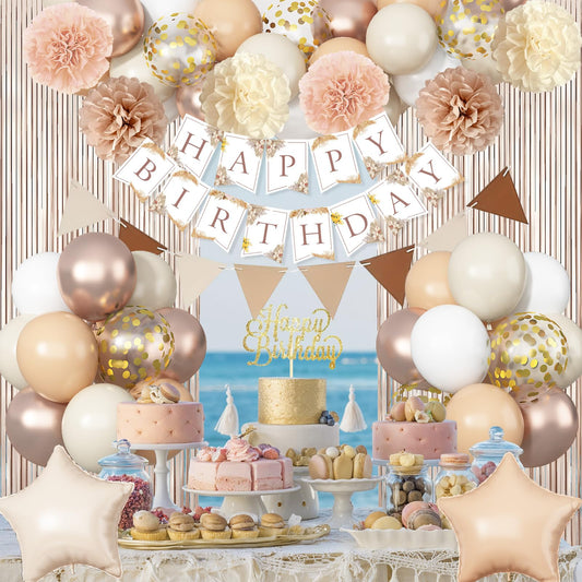 Beige Brown Birthday Decorations for Women, Gold Neutral Cream Sand White Party Balloon Kit with Boho Happy Birthday Banner Fringe Curtain Background Pom Pom Cake Topper for Boy Girl Men Bday Supplies