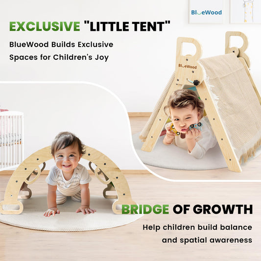 BlueWood Pikler Triangle Set 7in1 Foldable Baby Climbing Toys Wooden Montessori Climbing Set with Arch&Ramp&Ladder Baby Climber Indoor Jungle Gyms for Toddlers Montessori Toys- Rainbow