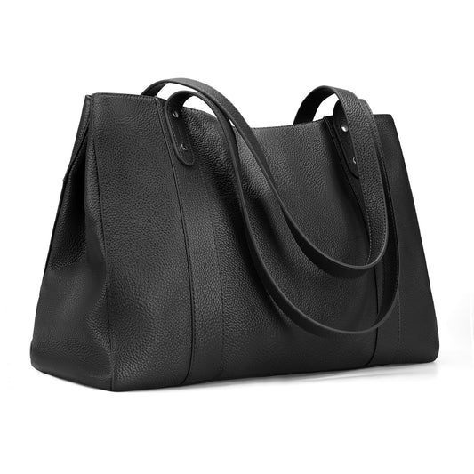befen Black Genuine Leather Work Tote Bag for Women, Womens 15 Inch Compartment Work Totes Purse Shoulder Leather Purses Handbags