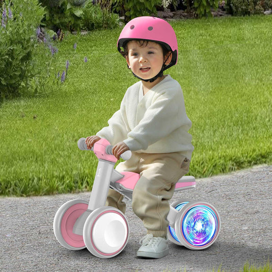 ESPRAY Colorful Lighting Baby Balance Bike Toys for 1 Year Old Girls Gifts, Toddler First Bike 12-24 Months with Adjustable Soft Seat, 4 Silent Wheels Ride on Toy, Perfect First Birthday Gift
