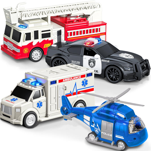 EPPO 4 Packs Fire Truck Toy, Ambulance, Police Car, and Helicopter, Emergency Vehicle Truck Toy Set with Lights and Sounds, Friction Powered Car Toy for Toddler Boys Girls 3 4 5 6 Years Old