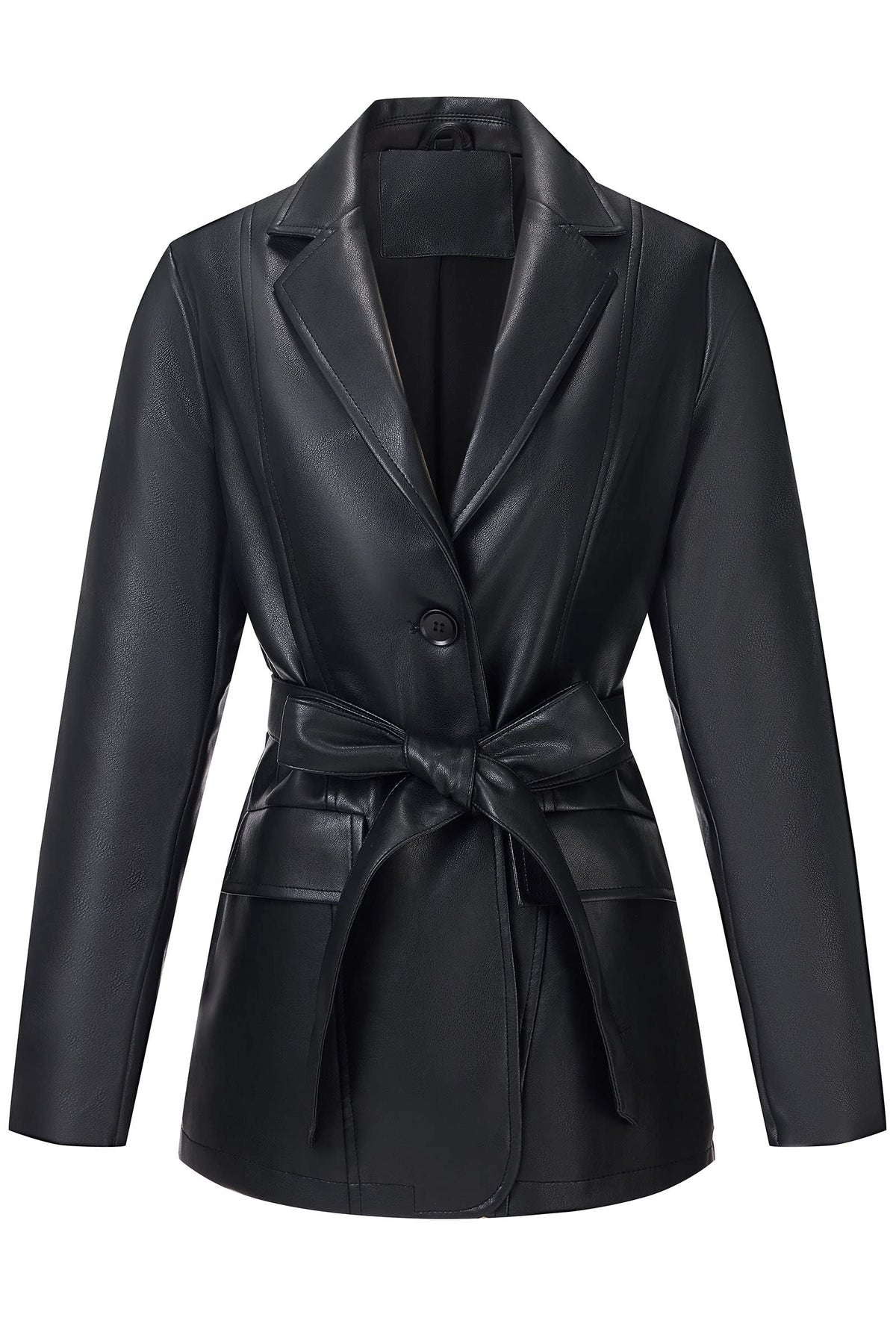 RISISSIDA Women Faux Leather Blazer Jacket with Belt,Soft PU Coat,Black,S