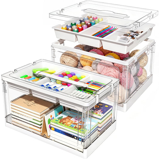 𝟐𝟒𝐐𝐓 𝟐𝐏𝐚𝐜𝐤𝐬 Clear Craft Organizers and Storage with Trays, Art Supply Organizer and Storage, Craft Storage Box with Lid for Beads, Markers, Coloring Books, Sewing, Playdoh and Tools