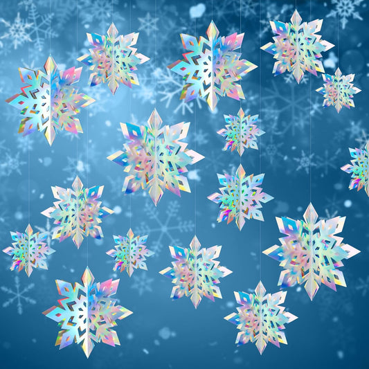 Skiennix 12Pcs Winter Snowflake Ornaments - 3D Iridescent Hanging Decorations | Perfect for Holiday Home Decor