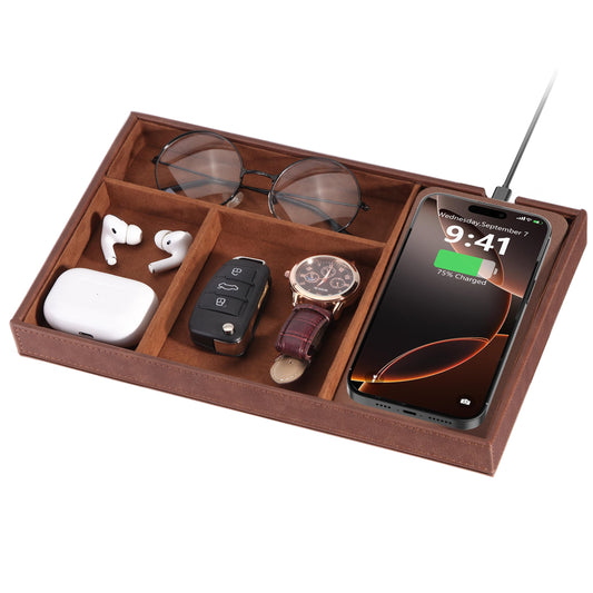 Investme Valet Tray with Wireless Charger, Nightstand Organizer for Men, EDC Catchall Tray for Keys, Watch, Wallet, Jewellery, Premium Vegan Leather, Bedside Caddy, Stylish and Organized, Brown