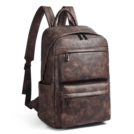 tiamyi Vegan Leather Backpack for Women and Men, Fits 16.0 Inch Laptop, Multi-Pocket Design with Water Bottle and Luggage Strap, Ideal for Work, Travel, and Daily Use, Coffee