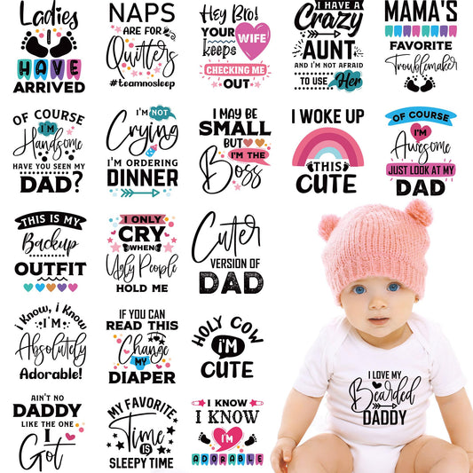 Funny Baby Iron on Transfers, 20 PCS Onesie Decorating Kit Baby Shower, Fun Heat Transfer Stickers, Iron on Decals for T Shirts Hoodie Bibs Bodysuit Clothing DIY Crafts