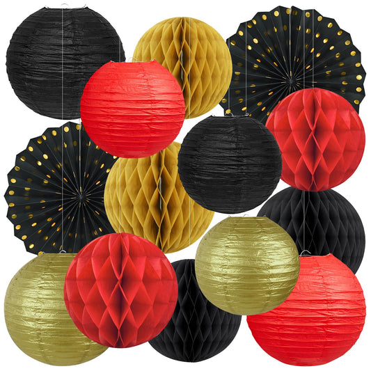 14 Pack Red Black and Gold Party Decorations Kit, Hanging Paper Lanterns & Fans for Casino Night, Red Carpet, Hollywood Theme Party, Game Night, Hibachi Party and Graduation