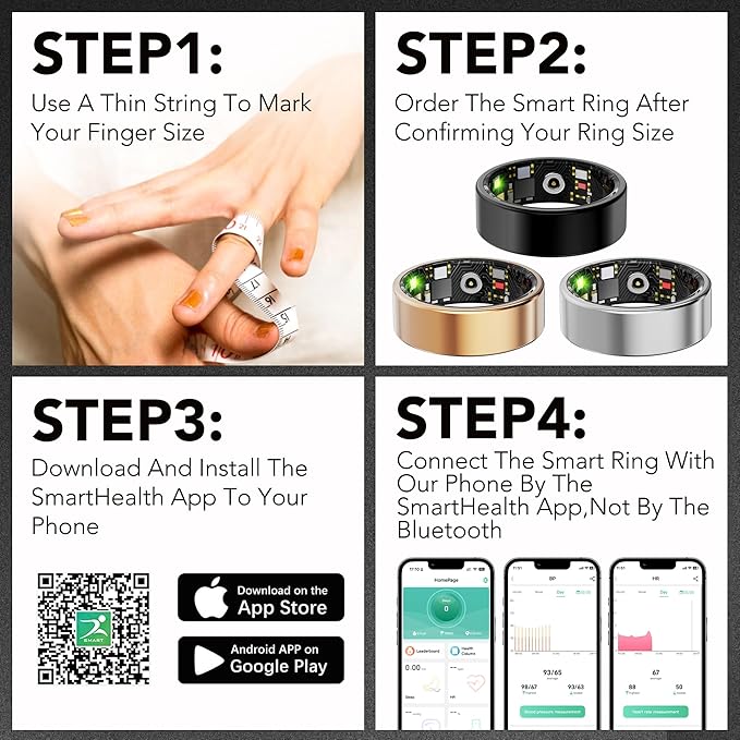 Smart Health Ring for Women Men Fitness Tracker with Heart Rate, Blood Oxygen, Blood Pressure, Sleep Monitoring, Step Counting, IP68 Waterproof for iPhone and Android, No APP Fee, Black 14