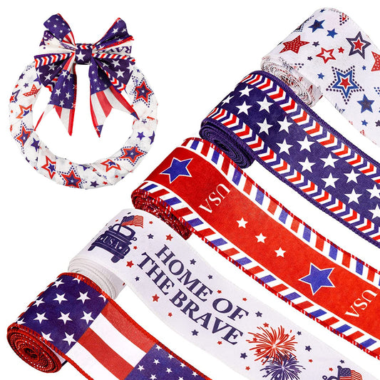 Whaline 5 Rolls Patriotic Ribbon 4th of July Stars and Stripes Burlap Wired Edge Ribbon 25 Yards American Flag Craft Ribbons for Independence Day 250th Anniversary DIY Wreath Bow Gift Wrapping