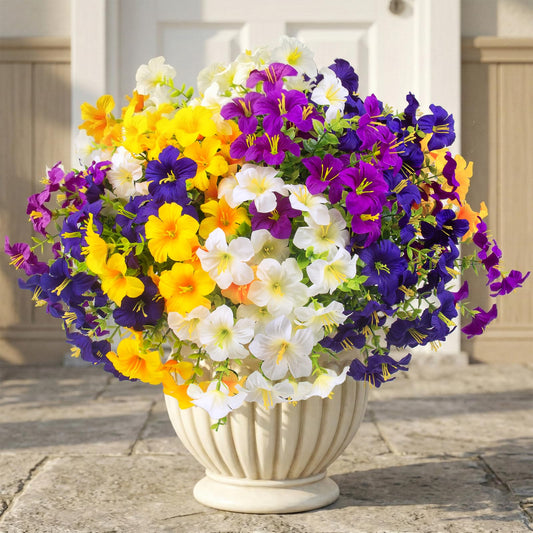 16 Pcs Faux Petunias Artificial Flowers For Outdoors, UV Resistant Fake Petunias Plants Realistic Silk Flowers for Porch Front Door Garden Window Outside Decor (16, White,Yellow,Purple,RedViolet)