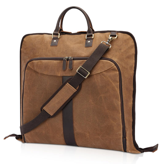 Polare Waxed Canvas Full Grain Leather Trim Garment Carry On Bag for Travel, Foldable Hanging Suitcase Weekender Dust-Proof Garment Waterproof Cover with YKK Zipper and Adjustable Strap
