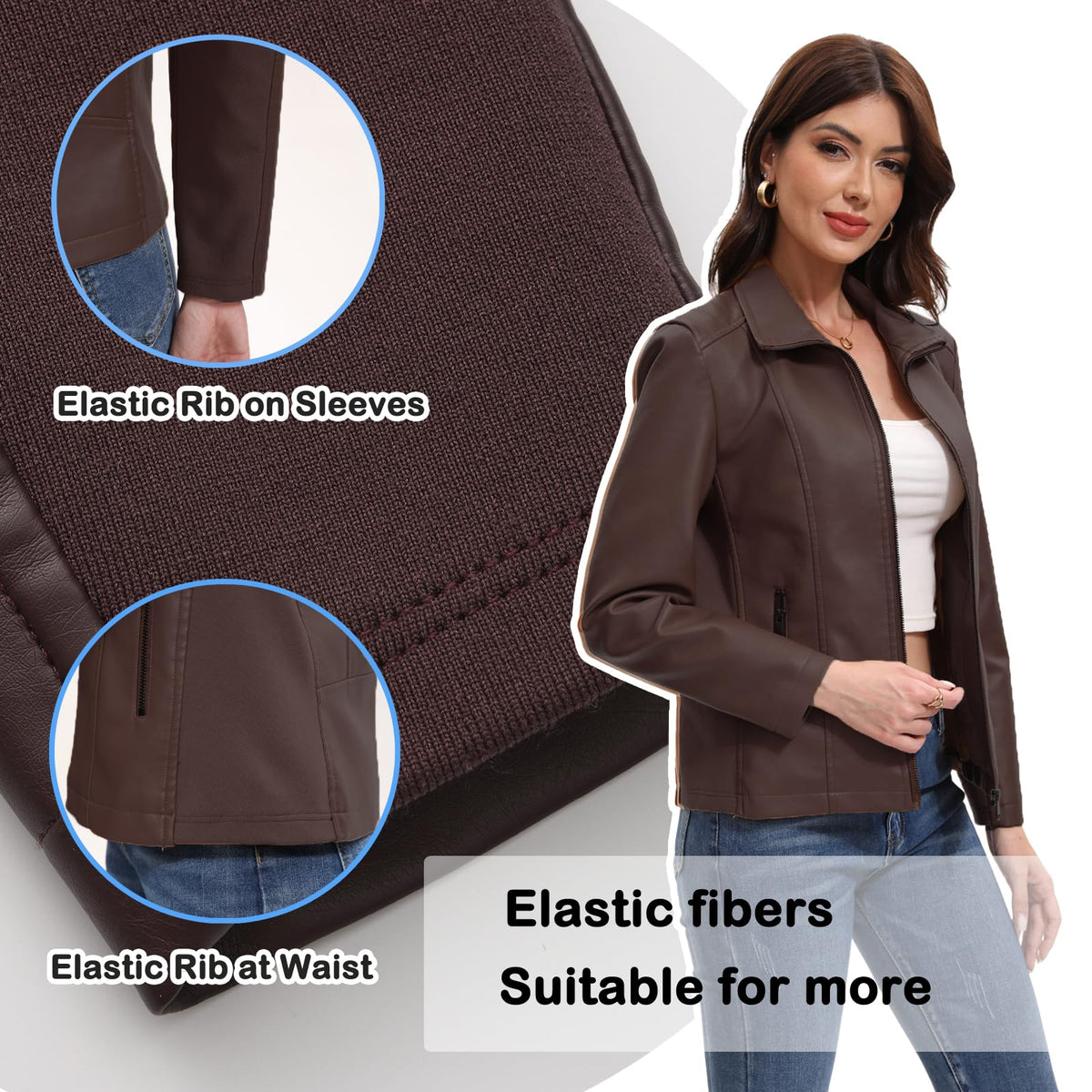 CHIGUO Faux Leather Jacket for Women Motorcycle Fashion Zip Up Coat Trendy Going Out Jackets (Coffee,Large)