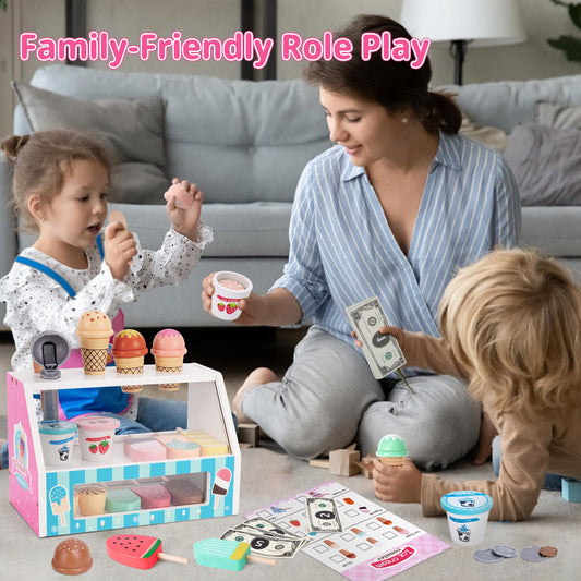 Ice Cream Toy, Wooden Ice Cream Play Set with Aprons, Fake Money, Scoop, Menu, Ice Cream Toys Pretend Play Toys for Girls Boys, Wooden Play Food Set Toy Kitchen Gifts for 3 4 5 6 Year Old Toddlers