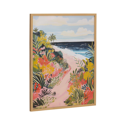 Kate and Laurel Tropical Bright Ocean Path Landscape Framed Wall Art by The Creative Bunch Studio; 16x20 Gold; Coastal Beach Landscape Art for Wall
