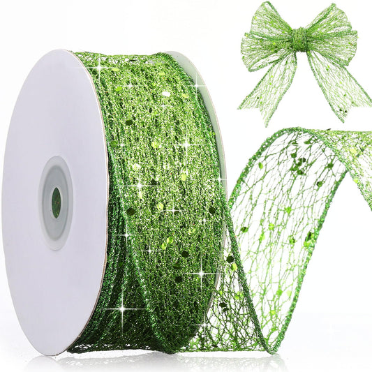 Geosar 1 Roll Lime Green Mesh Glitter Ribbon 1.5 Inch x 20 Yard Christmas Glitter Sheer Metallic Wired Ribbon for Home Party Gift Wrapping Wreath DIY Crafts Xmas Tree Decor