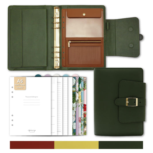 EGOSUNNY Belt Strap Closure A5 PU Leather Planner 5.8" x 8.3", Refillable 6-Ring Binder with 80 Sheets, Dividers & Removable Storage Pouch – Structured Organizer for Work & Everyday Use