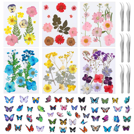 Ovveroche 72 PCS Dried Pressed Flowers 52 Butterflies Stickers 6 Stainless Steel Tweezers Bulk DIY Craft Kit for Resin Jewelry Soap Candle Making Scrapbooking Bookmark Nail Decor